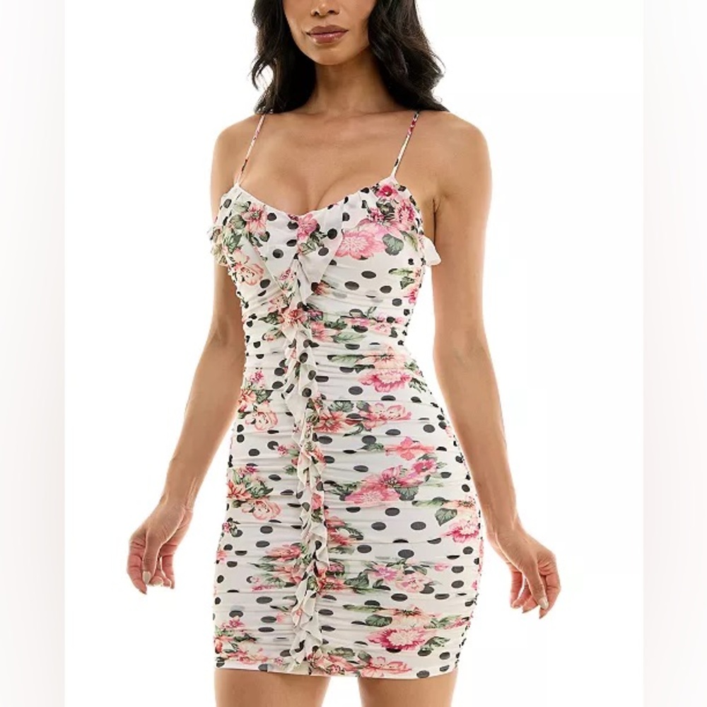NWT Juniors' Mixed-Print Ruched Ruffled Bodycon Dress - Picture 4 of 4